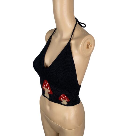 Romwe Black Mushroom Hippie Festival Intarsia Knit Cropped Halter Top SZ S - Picture 5 of 12